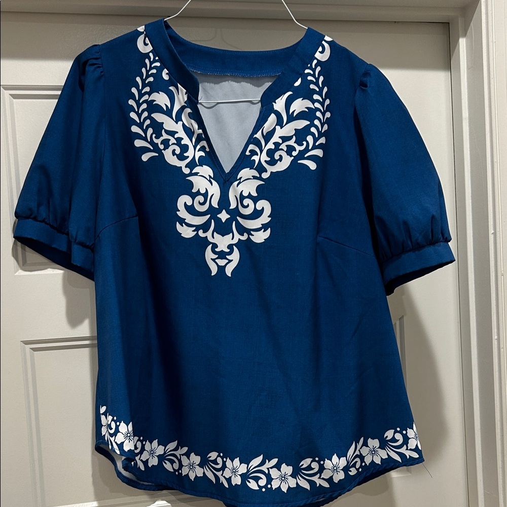 SHEIN Blue Blouse with White Floral Design